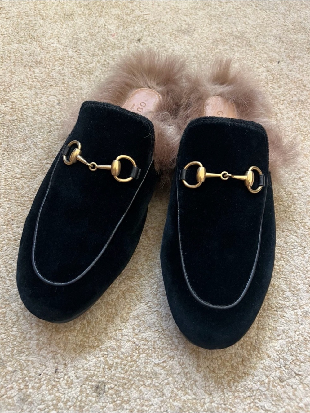 Gucci Black Velvet Fur-Lined Horsebit Mules